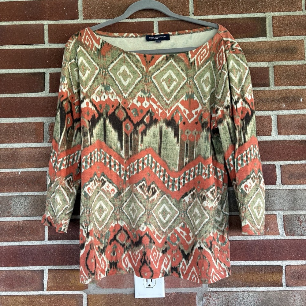 Jones New York Top Women's XL 3/4 Sleeve Aztec Southwestern Boho Hippie A3924